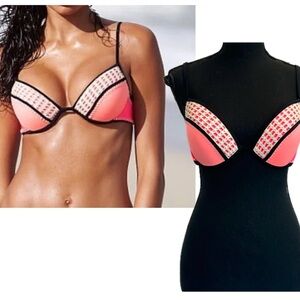 Victoria’s Secret peach neon hot pink colour block crochet sexy bikini top 34D